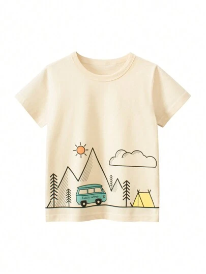 Young Boy Summer New Car Cartoon Printed Round Neck Pullover Short Sleeve T-Shirt
