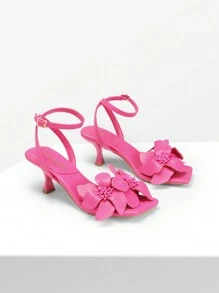 Women Kitten Heeled Sandals With Flower Decor, Elegant Square Open Toe Ankle Strap Summer Sandals For Wedding Party Daily Wearing - 亮粉紅色 - 查看 5