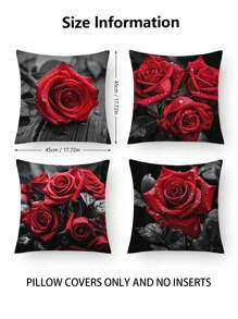 4pcs Modern Style Rose Pattern Pillow Covers, Velvet Fabric Printing Pillowcase For Sofa, Bedroom Home Decor Without Filling - Red - View 2