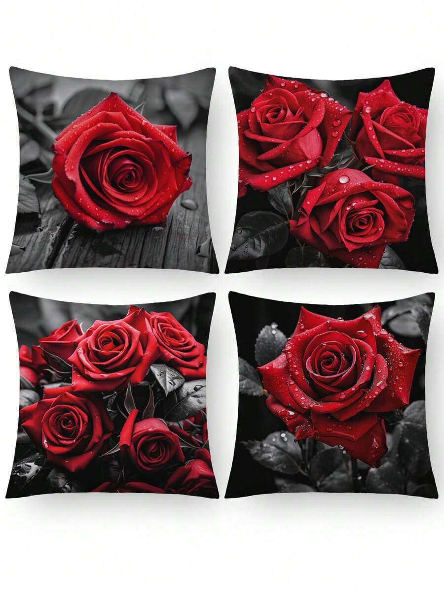4pcs Modern Style Rose Pattern Pillow Covers, Velvet Fabric Printing Pillowcase For Sofa, Bedroom Home Decor Without Filling - Red - View 1