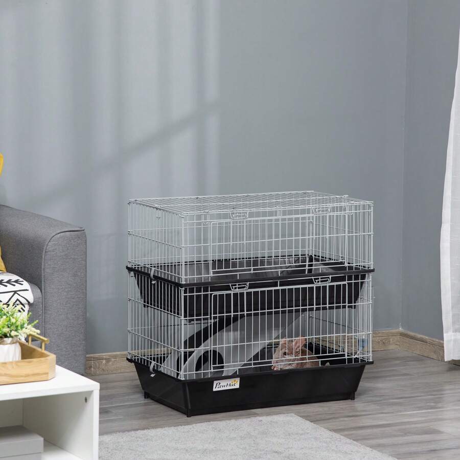 PawHut 2-Tier Mouse Cage, Ferret Cage W/ Dish And Bottle, Ramp, 2 Doors