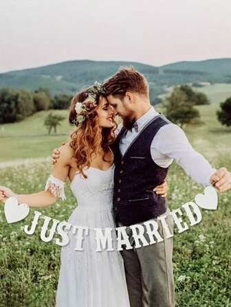 1 pieza Bandera de decoración de boda "Recién casados", Letras retro huecas, Cinta con diseño de amor, para el Día de San Valentín