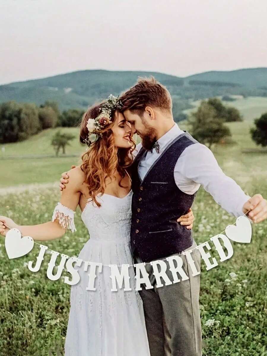 1pc Wedding Decoration Flag Just Married Retro Hollow Letter Love Ribbon Banner Valentine's Day Valentines - White - View 1