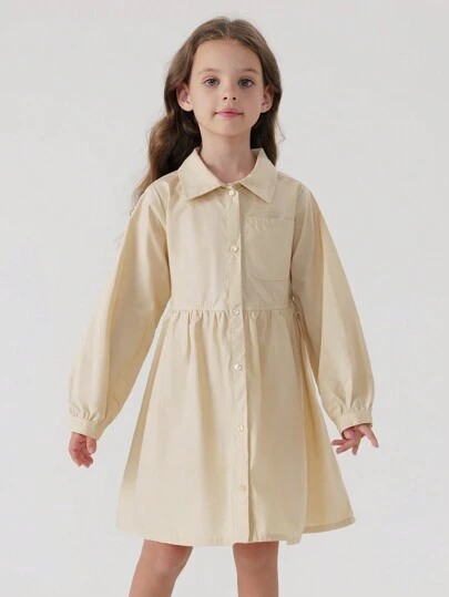 MARC&JANIE Young Girls' Casual And Energetic College Style Denim Shirt Dress With Long Sleeves For Spring