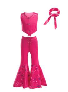 Young Girl Pink Casual Top And Flared Trousers Two-Piece Set, Including A Hairband As A Gift - Hot Pink - View 1