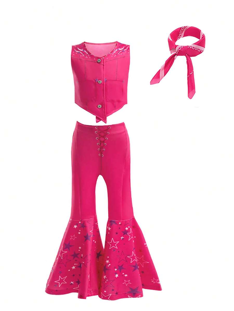Young Girl Pink Casual Top And Flared Trousers Two-Piece Set, Including A Hairband As A Gift - Hot Pink - View 1