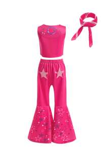 Young Girl Pink Casual Top And Flared Trousers Two-Piece Set, Including A Hairband As A Gift - Hot Pink - View 2