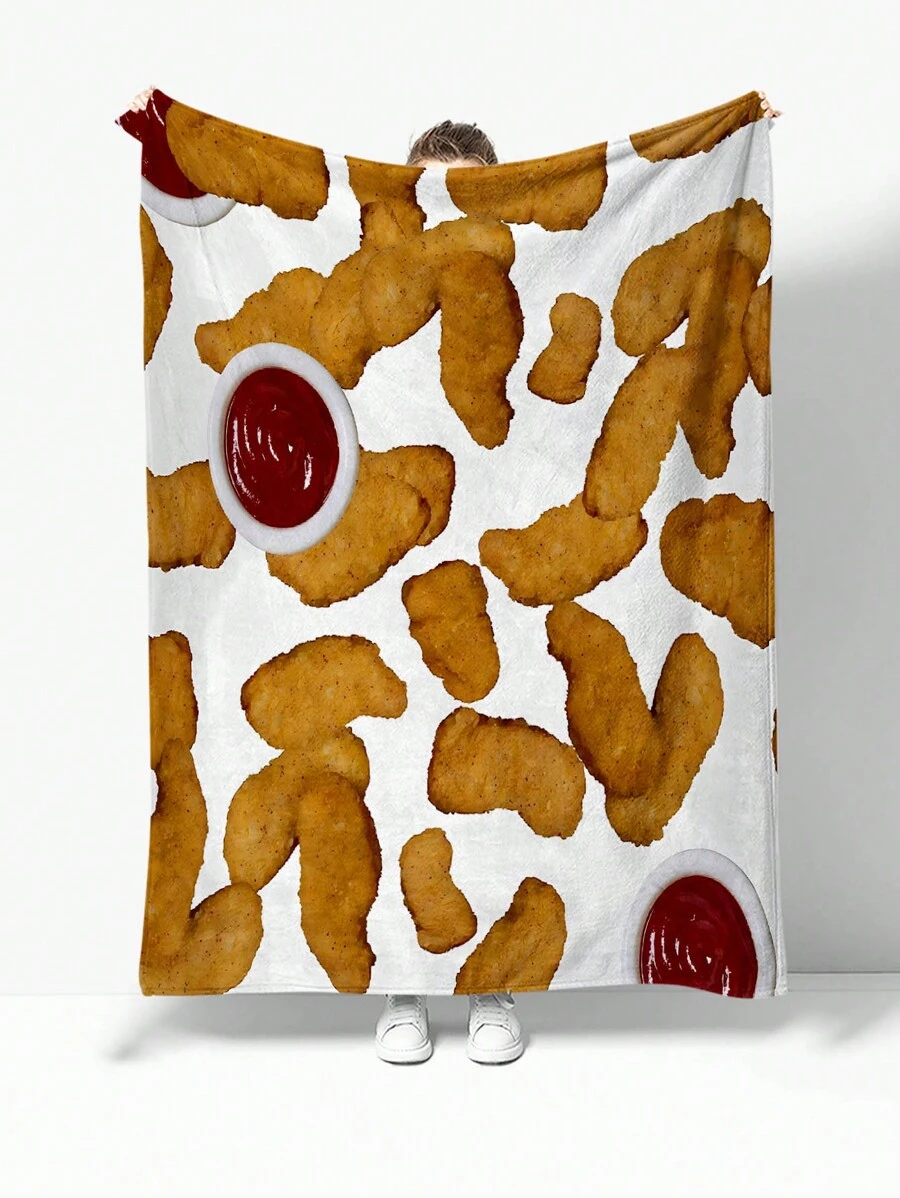 1pc Cartoon Style Fried Chicken Pattern Flannel Blanket, Home Use Gift For Fried Chicken Lovers. Suitable For Daily, Birthday, Anniversary And Festival Occasions. - Multicolor - View 1