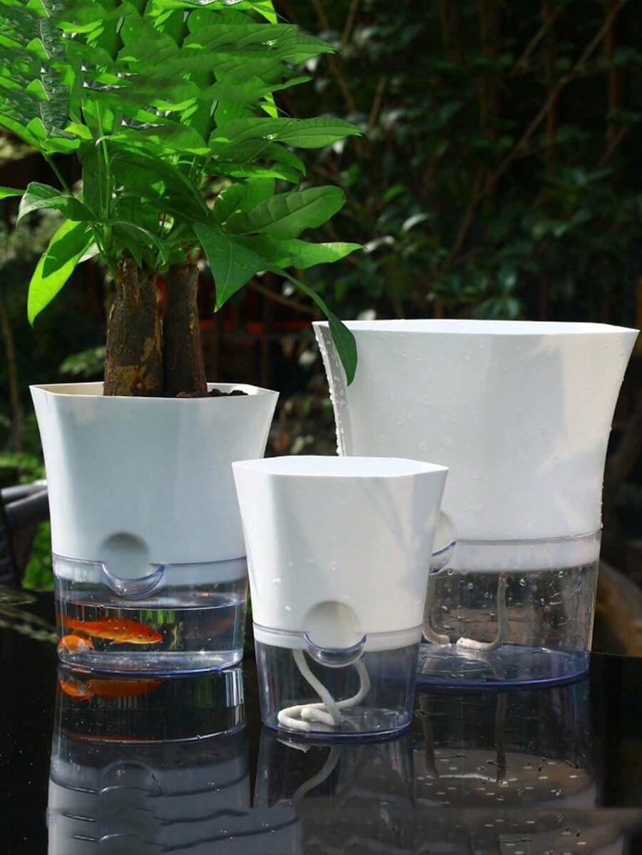 1 件自动浇水塑料花盆,带可见水位指示器,易于护理,透气且适合懒人的设计 - 白色 - 查看 1