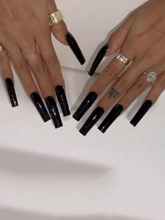 Black Press On Nails Long Fake Nails Square Full Cover Solid False Nails For Women And Girls 24PCS Nail Supplies