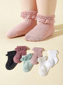 Calcetines De Encaje Para Bebé Niñas, 6 Pares/pack, Para Primavera Y Verano. Con Puntos De Gel Para Antideslizamiento - Multicolor - Ver 1