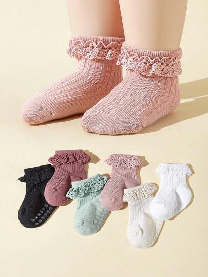 6雙/包 女嬰春夏蕾絲襪,果凍圓點防滑設計