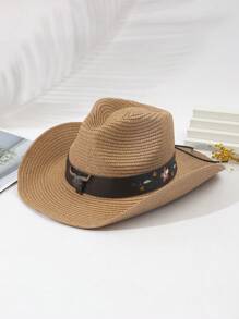 1pc Unisex Cattle Head & Belt Decor Boho Cowgirl Hat Cowboy Hat Visor Straw Hat Beach Hat For Outdoor - Multicolor 3 - View 19