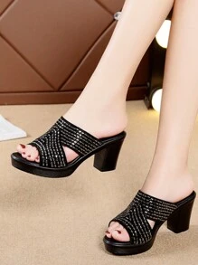 新款女士黑色拖鞋，夏季户外高跟厚底防水镶钻时尚拖鞋，舒适防滑，度假休闲轻便，尺码偏小一码 - 黑色 - 查看 4