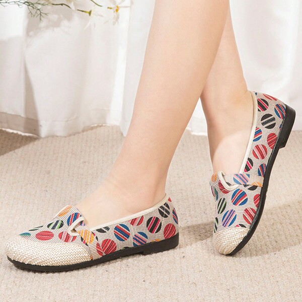 Women's Slip-On Retro Linen Flat Shoes Round Toe Comfortable Flats Dots Print Boho Summer Beach Casual Shoes