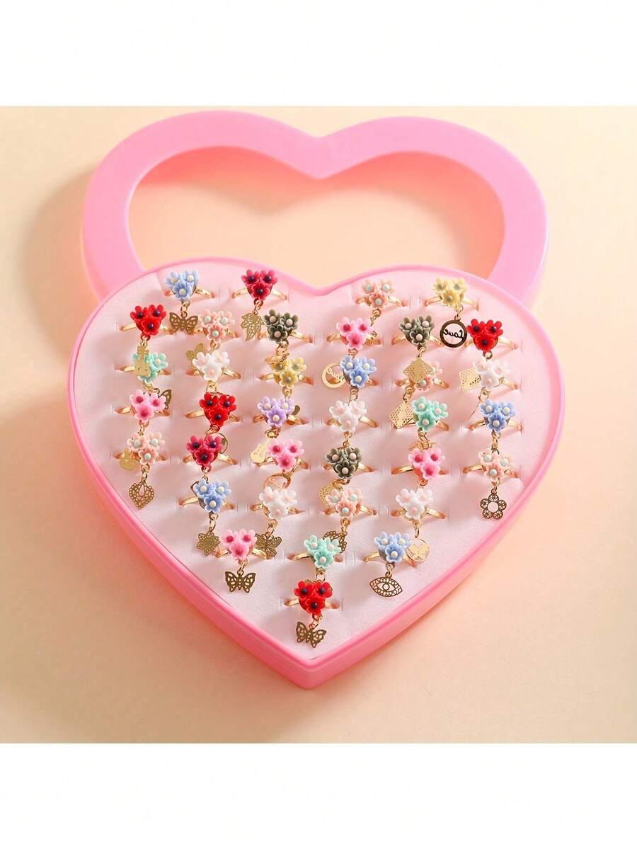 36入組可愛多彩的金色花環戒指和心形盒子,派對生日禮物（款式和顏色隨機） - 彩色 - 查看 1