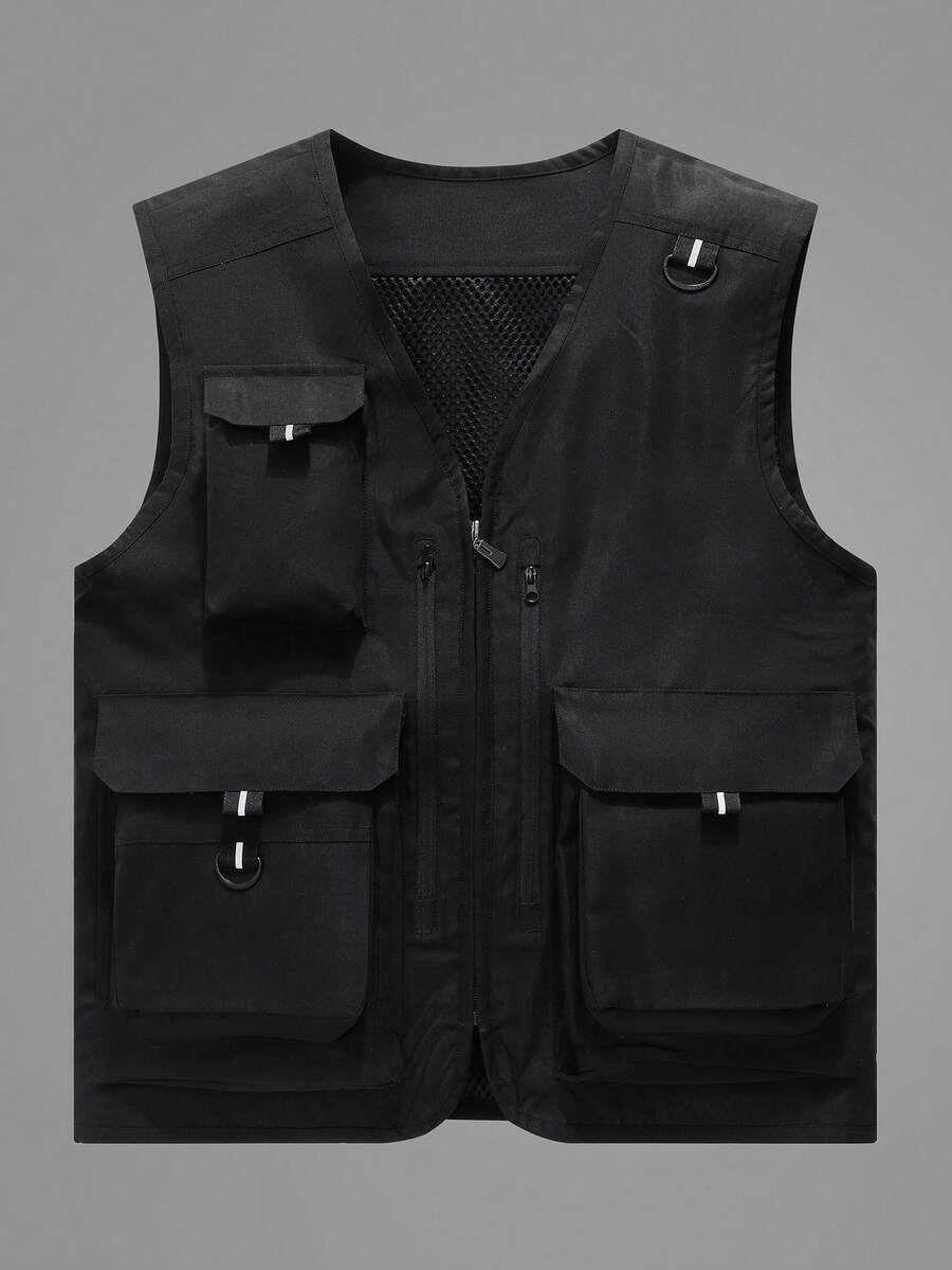 Summer Workout Men's Solid Color V-Neck Multi-Pocket Work Vest Thin Casual Vest, Suitable For Hiking, Photography, Fishing, And Other Outdoor Activities - Black - View 1