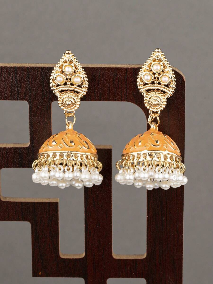 1pair Style Oil Drop Bell Shaped Earrings - Orange - View 1