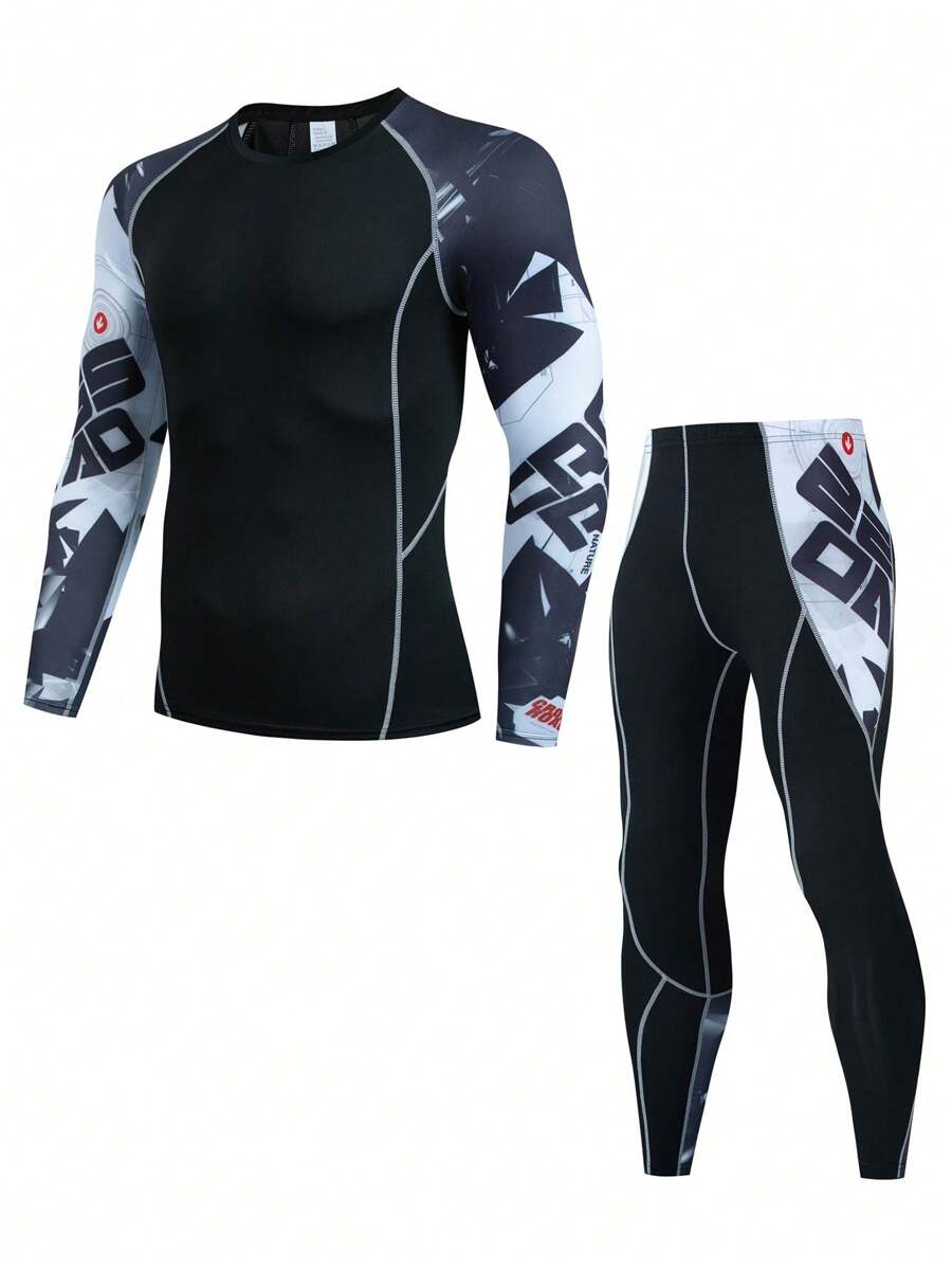 Boyfriend Style Męski do biegania, treningu i koszykówki Szybkoschnący kompresyjny strój fitness, elastyczne obcisłe spodnie i koszulka z długim rękawem, zestaw sportowy Boyfriend Style Męski dwuczęściowy strój