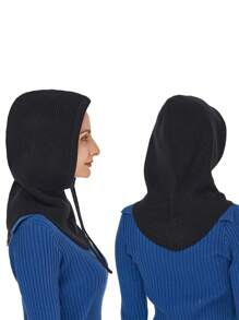 1pc Women Cashmere Wool Hooded Scarf Hat Warm Knit Beanie Bonnet With Drawstring Fake Collar Ear Face Protect Soft Balaclava Skullies - Mauve Purple - View 2