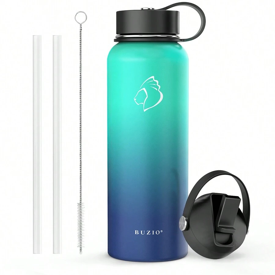 BUZIO 40oz Duet Series Stainless Steel Insulated Water Bottle Wide Mouth With Straw Lid & Flex Cap Drink Flasks - 藍色漸變 - 查看 1