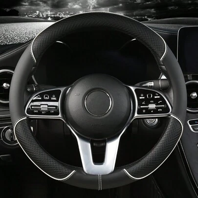 1 pieza Funda de volante de coche de PU con empalme, antideslizante y resistente al desgaste, adecuada para todas las estaciones, ajuste para diámetro de 14.5-15 pulgadas, accesorios de coche