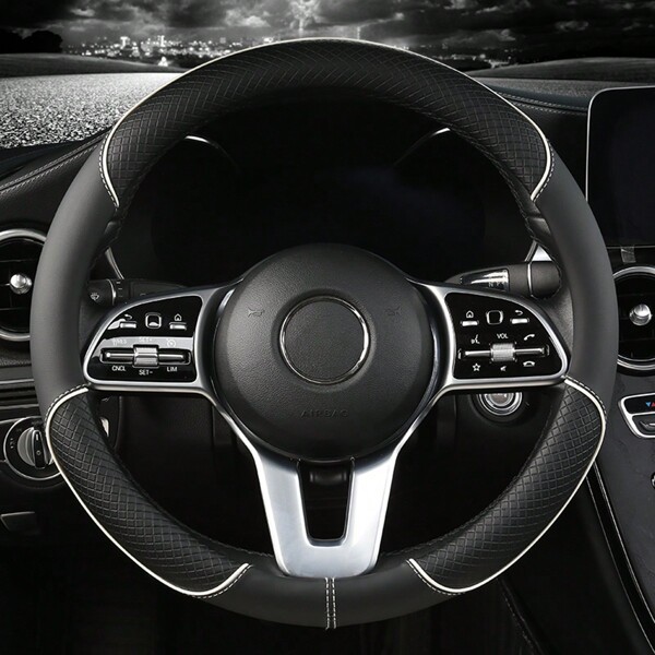 1pc PU Spliced Car Steering Wheel Cover Non-Slip Wear Resistant Suitable For All Seasons Fits 14.5-15in Diameter