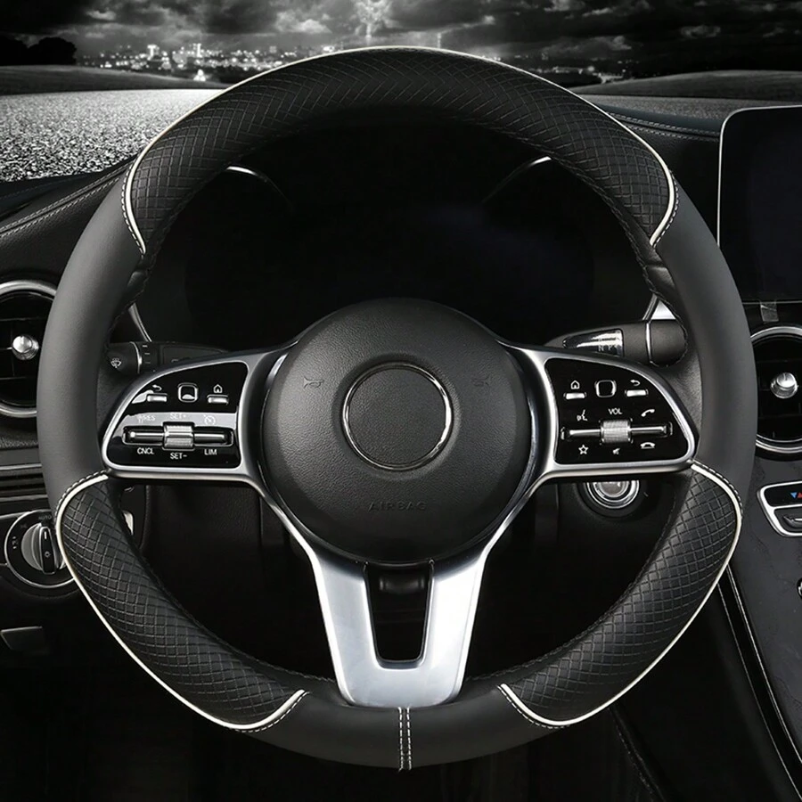 1 chiếc Bọc vô lăng xe hơi bằng PU chống trượt, chống mài mòn, phù hợp với mọi mùa, phù hợp với đường kính 14,5-15in - trắng - Xem 1