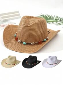1pc Unisex Cattle Head & Belt Decor Boho Cowgirl Hat Cowboy Hat Visor Straw Hat Beach Hat For Outdoor - Multicolor 3 - View 7