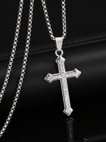 1 Stück Einfaches Cross Anhänger Halskette Mit Diamanten Besetzt, Edelstahl, Vielseitig, High-end, Halskette Für Pullover, Vollständig Mit Diamanten Besetzte Cross Halskette, Europäischen Und Amerikanischen Anhänger Für Männer Und Frauen, Täglich Zu Tragen