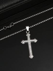 1 Stück Einfaches Cross Anhänger Halskette Mit Diamanten Besetzt, Edelstahl, Vielseitig, High-end, Halskette Für Pullover, Vollständig Mit Diamanten Besetzte Cross Halskette, Europäischen Und Amerikanischen Anhänger Für Männer Und Frauen, Täglich Zu Tragen