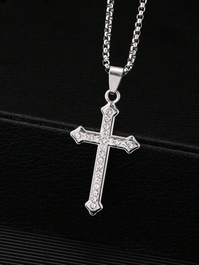 1pc Minimalist Rhinestone Stainless Steel Cross Necklace, Versatile High-End Long Sweater Chain, Fully Iced Out Cross Pendanndy Unisex Everyday Wear