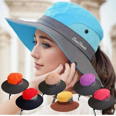 1pc Women's Multicolored Fashionable Sun Block Double-Color Cap With Embroidery & Windproof String & Breathable Design & Ponytail Hole, Bucket Hat