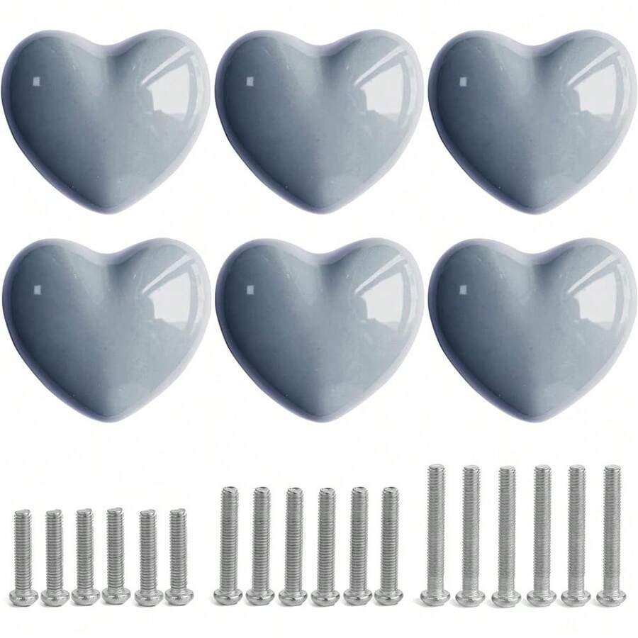 6pcs Ceramic Drawer Knobs Heart Shape Cabinet Dresser Pulls Handles With 3 Sized Screws, Kitchen Furniture Knobs For Closet Cupboard Wardrobe - Grey - View 1