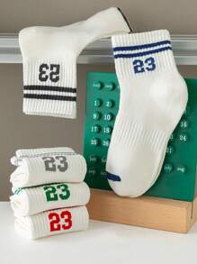 5 双儿童男孩和女孩 23 号和条纹图案透气网眼学院风格白色袜子，舒适运动袜适合日常穿着 - 彩色 - 查看 3