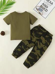 嬰兒男童卡其字母短袖上衣和迷彩褲休閒套裝 - 軍綠色 - 查看 2