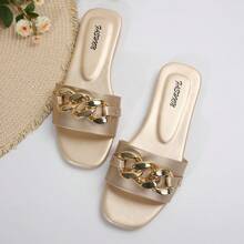 Sandales Pour Femmes De Couleur Or À Enfiler Avec Détails De Chaîne, Confortables Et Élégantes Pour Une Utilisation Intérieure Et Extérieure