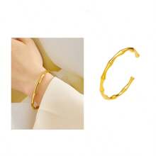 1 Pulsera De Acero Inoxidable Con Forma De Elipse Abierta Con Detalles De Bambú Chapado En Oro De 18k Para Hombres Y Mujeres