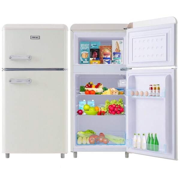 Flieks Kühlschrank Retro Table Top Kühl-/Gefrierkombination BCD-100C, 91 cm hoch, 45 cm breit, 72 Liter, Metall Türgriff, verstellebare Ablage und Füße