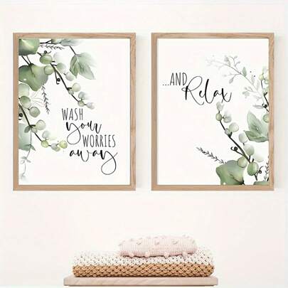 2pcs/Set Fresh Canvas Printed Posters, Plant Canvas Wall Art, "Wash Away Worries, Relax Body And Mind" Quote Posters, Suitable For Living Room, Bedroom, Bathroom, Office, Corridor, Kitchen Wall Decor, Frameless, Birthday Graduation Gift