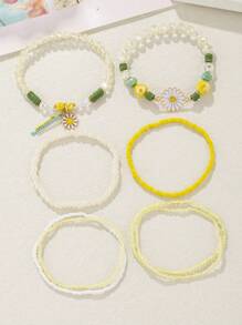 8 Piezas/set De Pulseras Con Dijes De Flores De Margarita Con Cuentas De Cristal Y Vidrio Con Tono Dorado