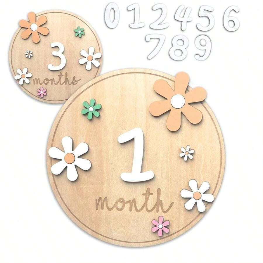 Baby Monthly Milestone Cards Set, Wooden Circle With Month Number And