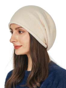 1 件装针织羊毛无檐小便帽女士秋冬保暖柔软卷边仿羊绒宽松无檐小便帽女式 SKullies 帽子休闲 - 黑色 - 查看 7