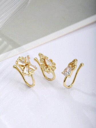 3pcs Vintage Palace Style Copper & Zirconia Water Drop Shaped Floral Faux Nose Ring Set, Suitable For Women's Daily Wear