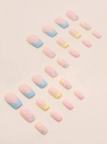 24pcs/Set Colorful & Cute Floral Design Square Medium Length False Nails, French Style For Spring, Including 1pc Jelly Glue & 1pc Nail File Press On Nails Nail Supplies