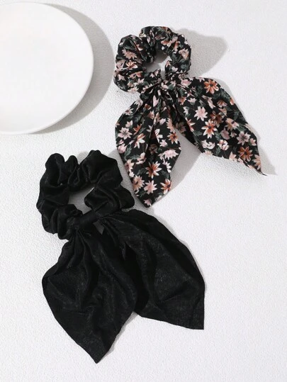 2pcs Women's Minimalist Elegant Black & Brown Rabbit Ear Floral Scrunchies, Suitable For Daily, Festivals, And Ramadan Decoration