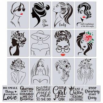 18 Pieces Women Painting Stencil Face Painting Stencil On Canvas Art Stencil Paper Transfers Inspirational Quote Reusable Craft Template Painting On Wood Paper Home Tile Wall Paint Stencils,Back To School,School Supplies
