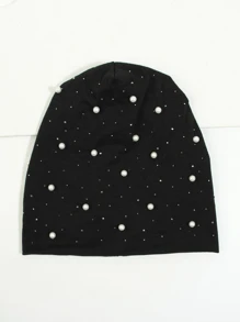 優雅1入女士黑色假珍珠和熱鑽飾釘毛帽，適用於秋冬戶外活動和產後 - 黑色 - 查看 3