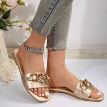 Sandales Pour Femmes De Couleur Or À Enfiler Avec Détails De Chaîne, Confortables Et Élégantes Pour Une Utilisation Intérieure Et Extérieure