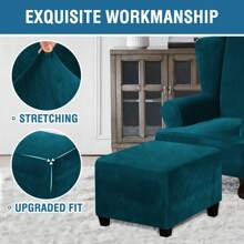 Square Ottoman Cover, Velvet Ottoman Slipcover Removable Thick Stretchable Footrest Stool Covers With Elastic Band For Ottoman 27''-32'' - Teal Blue - View 3